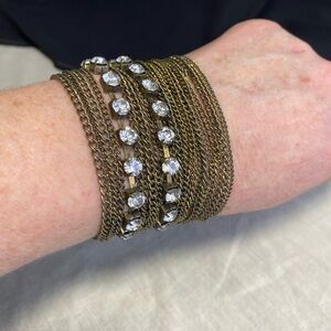 Vintage Multi Strand Chain & Rhinestone Bar  Bracelet  ~ Elastic, Stretch